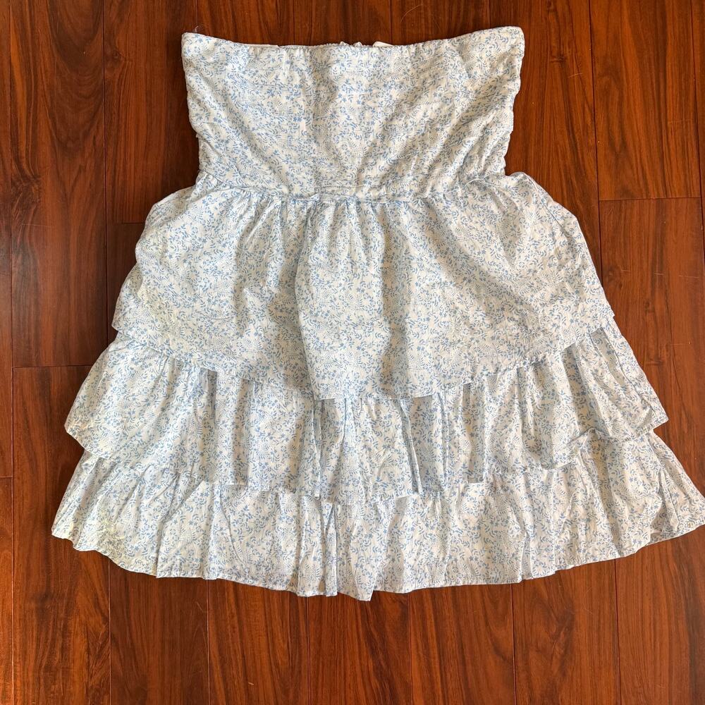 Altar'd State Strapless Blue White Floral Tiered Cotton Mini Dress Boho Chic